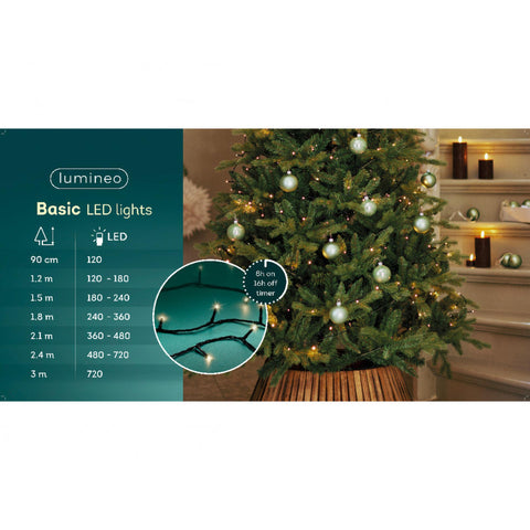 Led-lichterkette basic von lumineo mit 120 warmweißen leds, schwarzem flexiblem kabel und 8h timer auf 16h aus