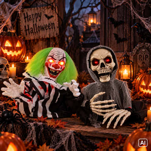 Halbes skelett halber clown animiert mit rot leuchtenden augen, grünen haaren und kapuzenrobe aus mesh sitzt nebeneinander