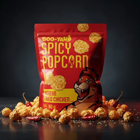 Roter wiederverschließbarer beutel boo-yah spicy popcorn korean fried chicken geschmack mit tiger-motiv und popcornkernen
