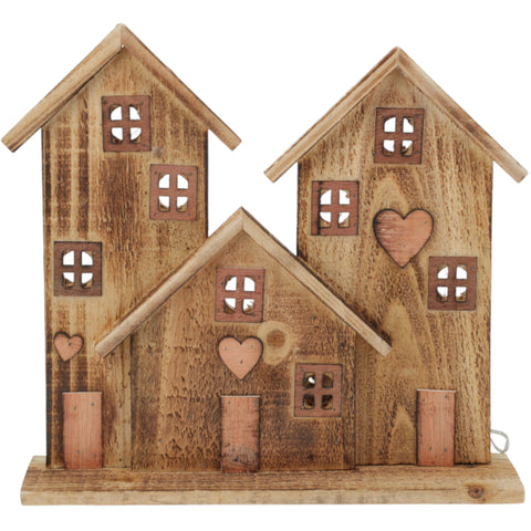 Rustikales holzhaus deko set haus mit led 29cm braun mit drei verbundenen häusern und herzförmigen fenstern