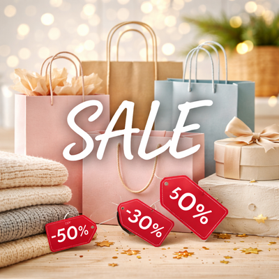 Rosa papiertüte mit goldenen griffen und sale schriftzug für einkäufe im sale angebot