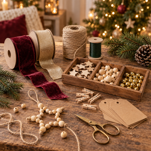 Holzkiste mit fächern enthält holzsternausschnitte, helle holzperlen und kleine goldene glöckchen für bastelzubehör.