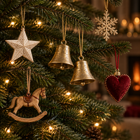 Goldfarbene glocke mit filigranen gravurmuster hängen an weihnachtsbaum in baumanhänger und glocken sammlung