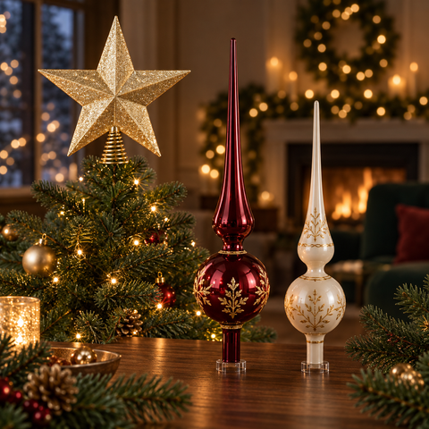 Glänzende rote und cremefarbene glas weihnachtsbaumspitzen mit goldenen blattverzierungen aus der baumspitzen kollektion