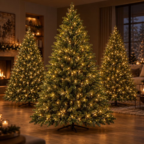 Drei beleuchtete weihnachtsbäume mit dichtem grünem tannenzweig und warmweißen led-lichtern