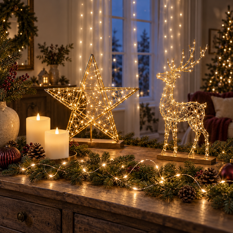 Goldenes drahtgestell rentier mit leuchtenden led-lichtern als weihnachtliche beleuchtung außen- und innendekor