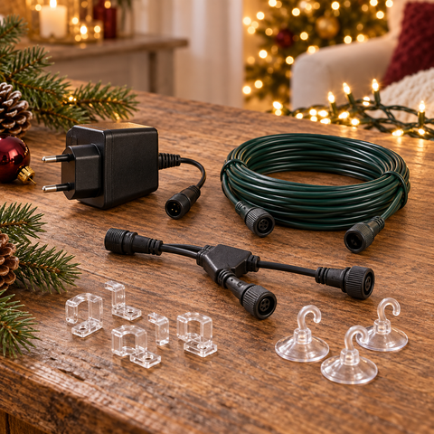 Dunkelgrünes weihnachtslichtkabel mit schwarzen verbindern und klaren kunststoffmontageclips im beleuchtungszubehör