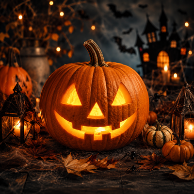 Schwarze und goldene halloween-kessel mit schädelmotiven aus kunststoff auf holzpaletten gestapelt in halloween sammlung