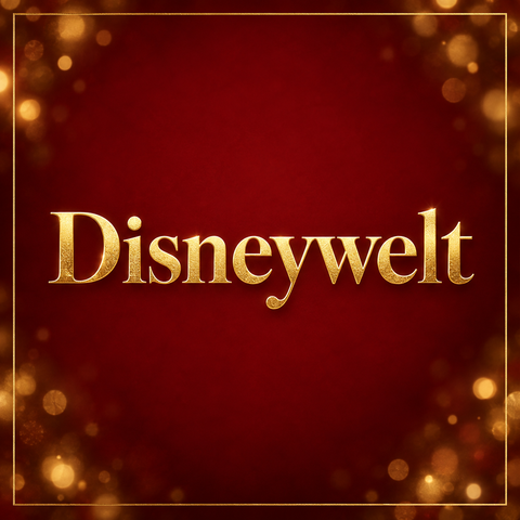 Goldenes disneywelt logo mit glitzerndem metallischem finish vor tiefrotem hintergrund aus der sammlung disneywelt