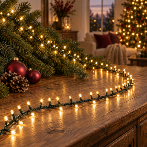 String of warm white led christmas lights with green wire nestled among pine branches and red ornaments on wood