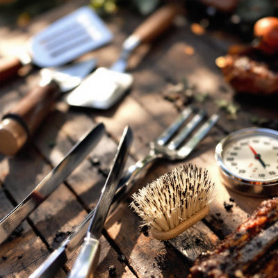 Ein grillbürste mit naturborsten und hellem holzgriff auf rustikalem holzuntergrund aus der kollektion grillzubehör