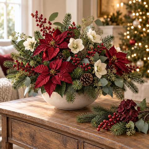 Ein festliches floristik centerpiece mit roten poinsettien weißen blumen grünen tannenzweigen und roten beeren in einer rustikalen offwhite keramikschale