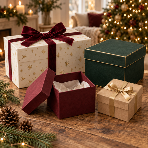 Eine cremefarbene geschenkbox mit goldenen sternmustern und einem samtigen weinroten band aus der serie geschenkboxen