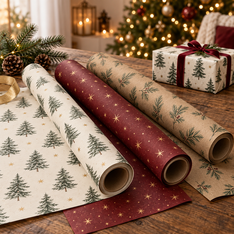 Drei rollen geschenkpapier in creme mit grünen kiefern und goldenen sternen, dunkelrot mit goldenen sternen und braun mit grünem laub