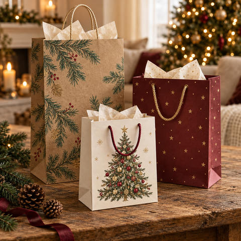 Drei festliche geschenktüten mit weihnachtsbaumprint auf cremepapier und goldenen sternen auf tiefrotem papier