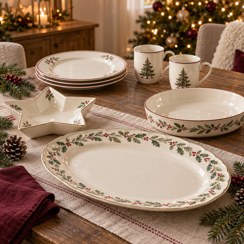 Weiße keramikplatte mit grünem weihnachtsblätter- und roten beerenrand und elegant gewelltem rand aus geschirr und servierplatten