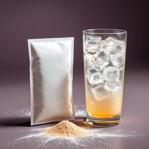 Ein schlankes, metallisches silbernes pouch steht neben einem hohen glas mit eis und goldenem getränk in der getränkesammlung