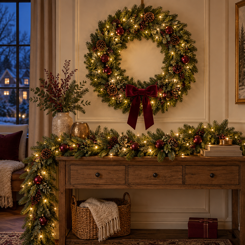 Ein festlicher grüner weihnachtskranz mit warmweißen lichtern roten ornamente tannenzapfen und samtband