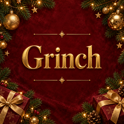 Goldene grinch buchstaben mit metallischem glanz, umrahmt von festlicher weihnachtsdekoration