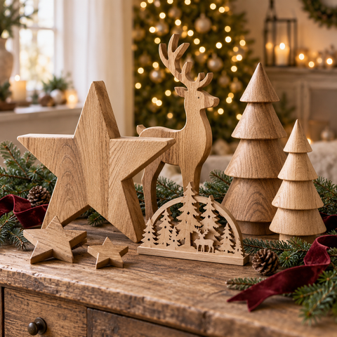Lichtfarbene holzdekoration weihnachtliche motiv schnitte mit hirsch stufenbäume und sternen