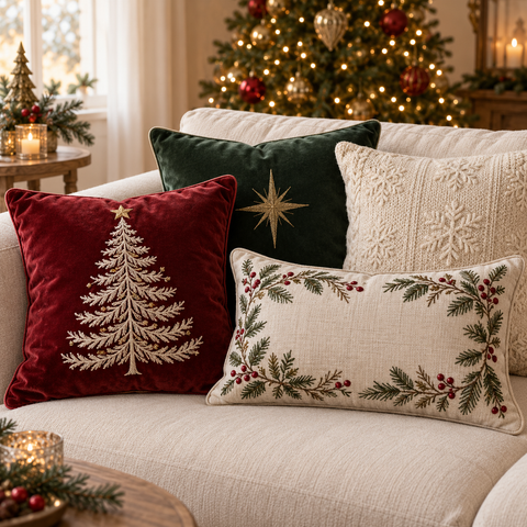 Rotes samtkissen mit weiß besticktem weihnachtsbaum und stern aus der kissen kollektion