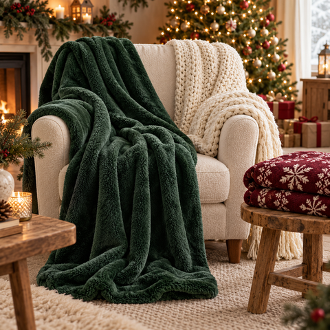 Deep emerald grüne kuscheldecke mit weichem, flauschigem material über einem sessel drapiert