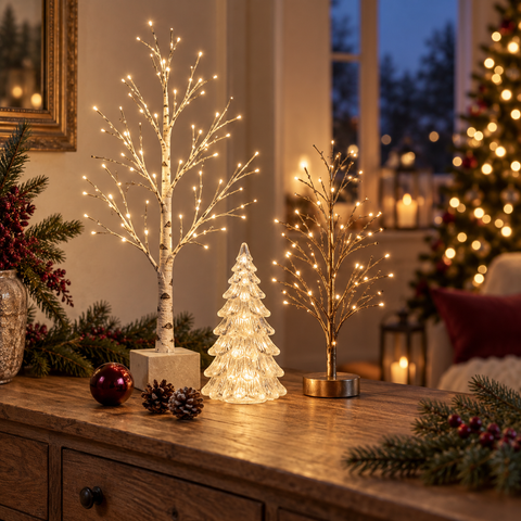 Weißer birkenbaum led-lichtdekoration mit zarten zweigen und warm leuchtenden lichtern aus der kollektion led-bäume