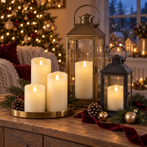Set aus vier cremefarbenen realistischen led-kerzen auf messingtablett mit tannenzapfen und festlicher greenery