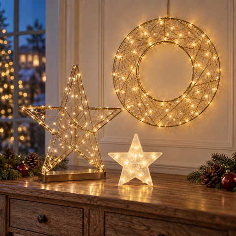 Goldener drahtstern mit warm leuchtenden leds als dekorative lichtquelle aus der led-sterne & led-kränze kollektion