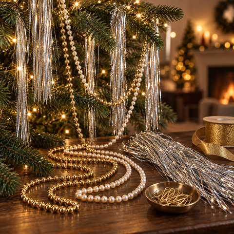 Goldene und perlenketten garlanden an weihnachtsbaum mit silbernem lametta aus der kollektion lametta perlenketten zubehör