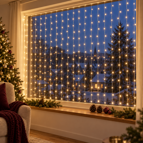 Warme weiße led-lichtervorhänge hängen in vertikalen schlaufen vor einem fenster und schaffen gemütliches ambiente