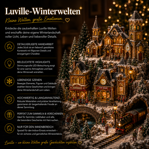 Luvilles winterwelten miniature village set with snow-covered buildings illuminated windows toy shop bakery bridge train tracks and festive lights