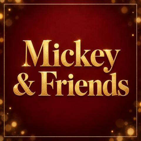 Goldener mickey friends text mit glitzerndem effekt auf rotem hintergrund aus der sammlung mickey & friends