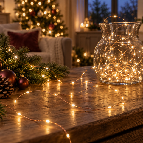 Ein klarer glasvase gefüllt mit warmen, leuchtenden micro lichterketten