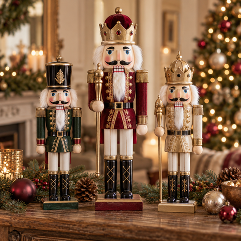 Drei verzierte holz-nussknackerfiguren mit goldverzierung in weihnachtlichen farben und königlichen kronen aus der sammlung nussknacker