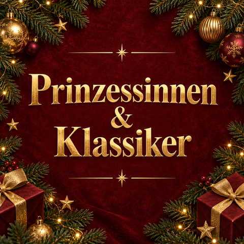 Goldfolientext prinzessinnen & klassiker auf tiefrotem samt hintergrund in der kollektion prinzessinnen & klassiker