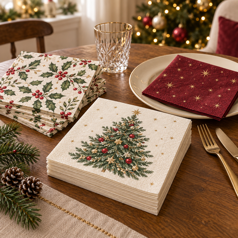 Stapel cremefarbener weihnachtlicher papierservietten mit aufgedrucktem tannendesign, roten beeren und goldenen sternen