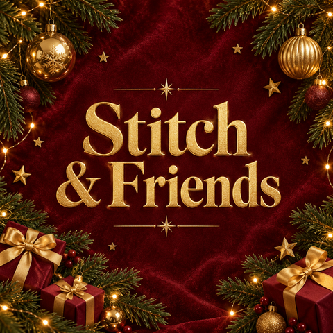 Gold glitzerschrift stitch & friends auf tiefrotem samthintergrund in stitch & friends kollektion