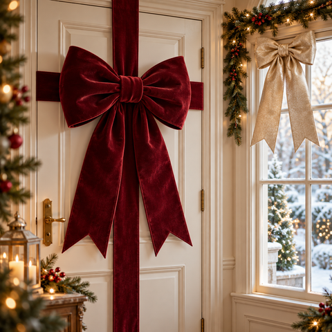 Ein tiefroter samtiger tür-und-fensterschleifen-bogen mit glänzendem finish und eleganten symmetrischen schlaufen