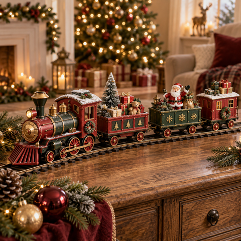 Ein festlicher roter und grüner weihnachtszug mit detaillierter lokomotive santa claus figur und geschenkwagen