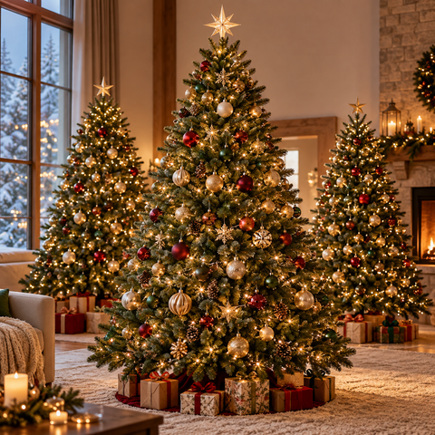 Ein üppiger grüner weihnachtsbaum mit funkelnden lichtern und roten gold silber smaragdornamenten aus der sammlung weihnachtsbäume