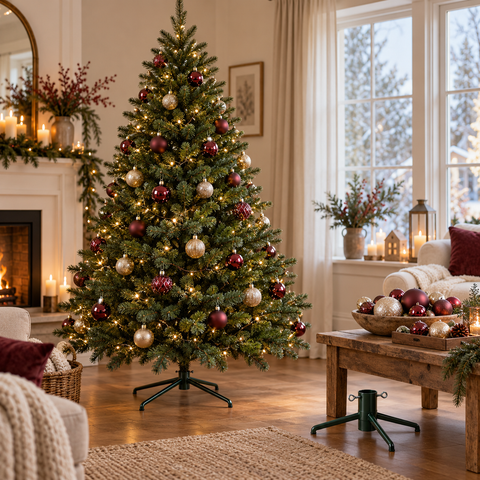 Ein üppiger grüner weihnachtsbaum aus der sammlung weihnachtsbaum welt mit funkelnden lichterketten und roten, goldenen sowie silbernen schmuckornamenten