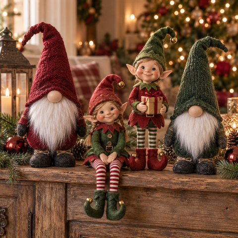 Drei festliche wichtel elf figuren mit gestrickten mützen und weißen bärten in rot grünen outfits