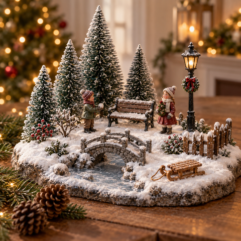 Schneebedecktes miniatur weihnachtsdorf mit gefrosteten kiefern und steinbrücke über zugefrorenem wasser aus winterwelten zubehör
