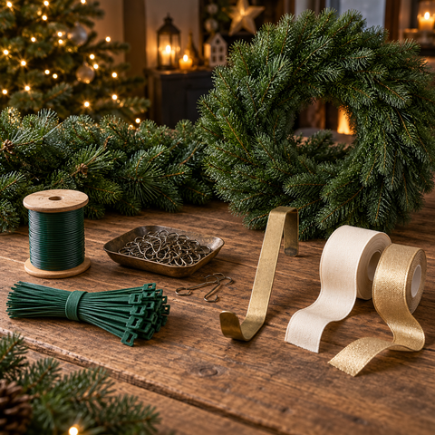 Grüner und goldener festlicher weihnachtskranz mit kiefernzweigen und dekorativen bandakzenten aus zubehör für bäume & grünwaren