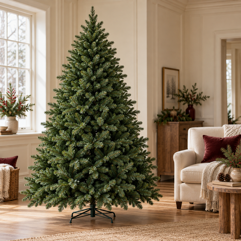 Ein hoher künstlicher weihnachtsbaum mit dichtem nadelgrün und schwarzem metallständer aus der kollektion unbeleuchtete weihnachtsbäume