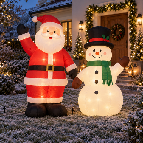 Aufblasbare leuchtfiguren mit beleuchteter santa figur in rot weißem anzug und schneemann mit grünem schal