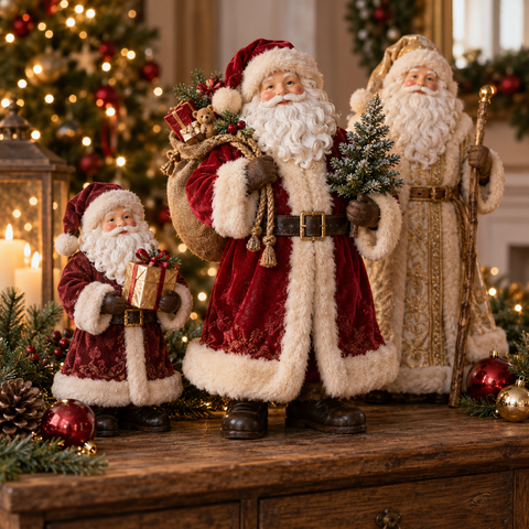 Roter samt weihnachtsmann mit weißem fellbesatz und goldgürtel hält kleinen weihnachtsbaum aus der sammlung weihnachtsmänner