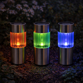 Solar led gartenstecker 3er set mit edelstahlkörpern und farbwechselnden orangen, grünen und blauen leuchten