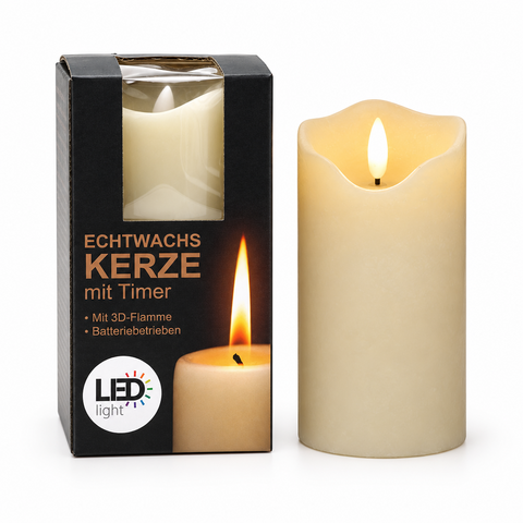 LED Echtwachskerze "3D Flamme" 7.5x15cm creme